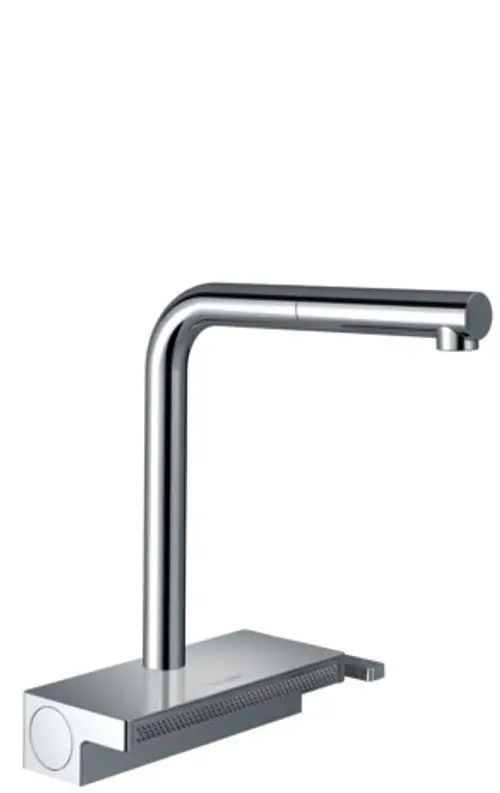 Chromfarbener Küchenmischer von Hansgrohe mit einem hohen, geraden Auslauf und einer schmalen Basis, ausgestattet mit einem Ausziehschlauch für flexible Nutzung.